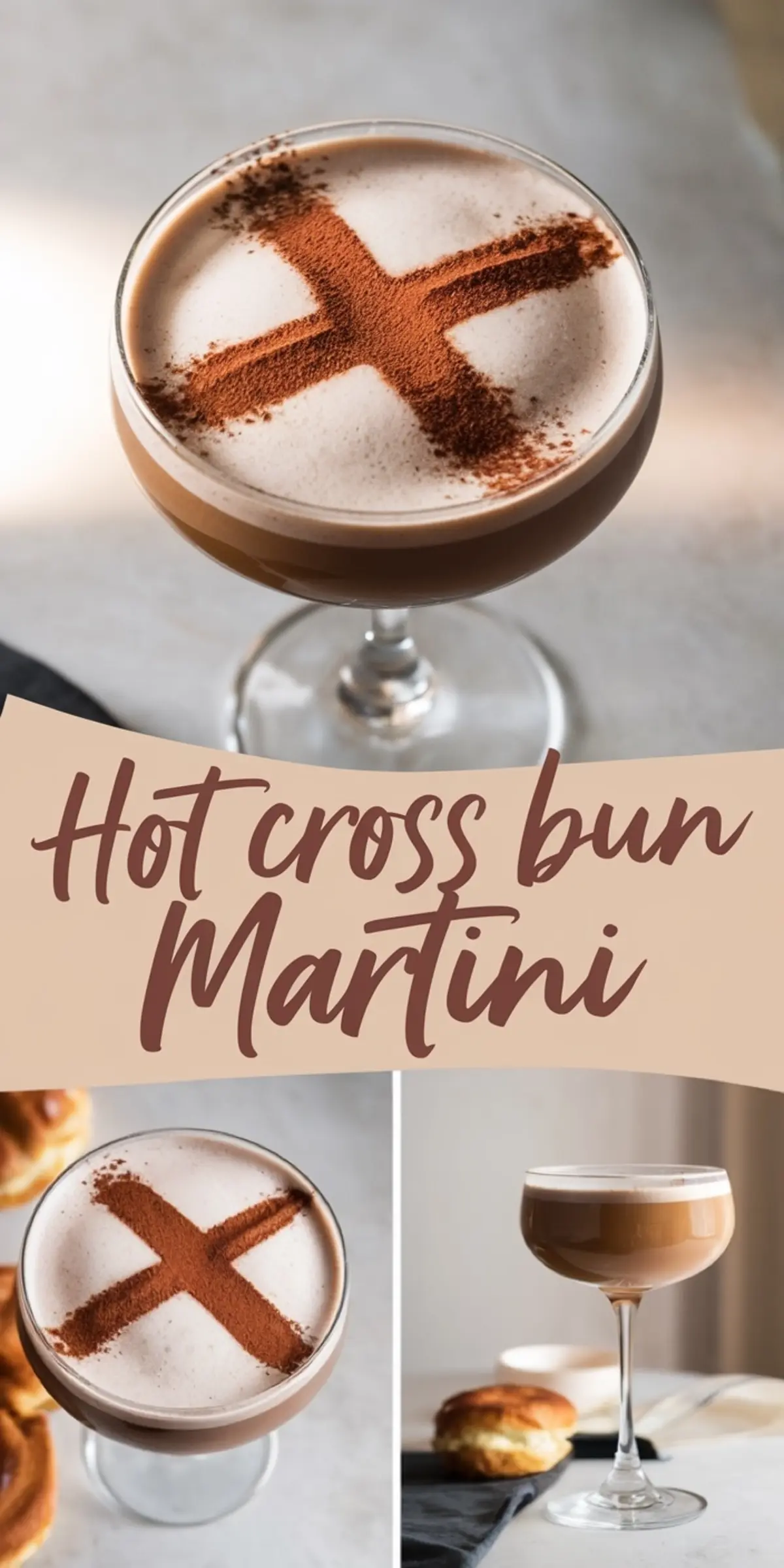 Collage of hot cross bun martini in a coupe glass with a frothy top and cocoa powder cross. Styled with hot cross buns in the background and text overlay reading “Hot Cross Bun Martini.”