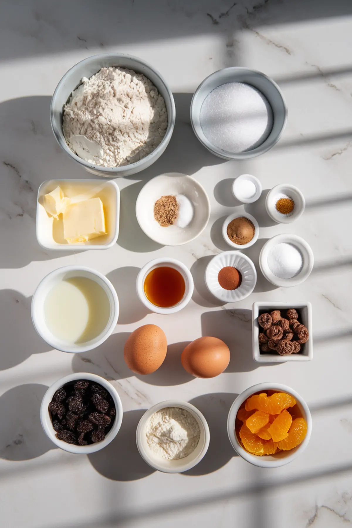 A flat lay of baking ingredients for hot cross buns on a marble surface. Small bowls contain flour, sugar, butter, eggs, milk, vanilla, raisins, dried oranges, cinnamon, nutmeg, and other spices, illuminated by natural light.