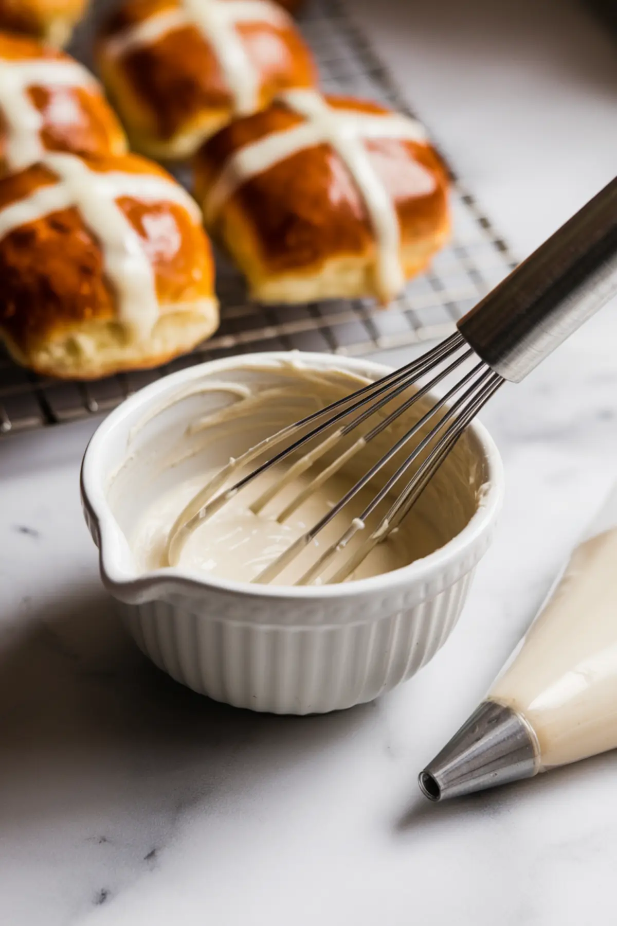 A close-up of a white mixing bowl with thick icing and a metal whisk resting inside. In the background, freshly baked hot cross buns with glossy tops sit on a cooling rack.