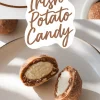 A collage image of Irish potato candy, with whole cinnamon-dusted candies on a plate in the top half and a close-up of a cut candy on a plate in the bottom half. The creamy white filling contrasts with the brown, textured coating. The words “Irish Potato Candy” are prominently displayed in stylish script.