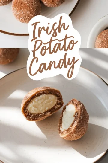 A collage image of Irish potato candy, with whole cinnamon-dusted candies on a plate in the top half and a close-up of a cut candy on a plate in the bottom half. The creamy white filling contrasts with the brown, textured coating. The words “Irish Potato Candy” are prominently displayed in stylish script.