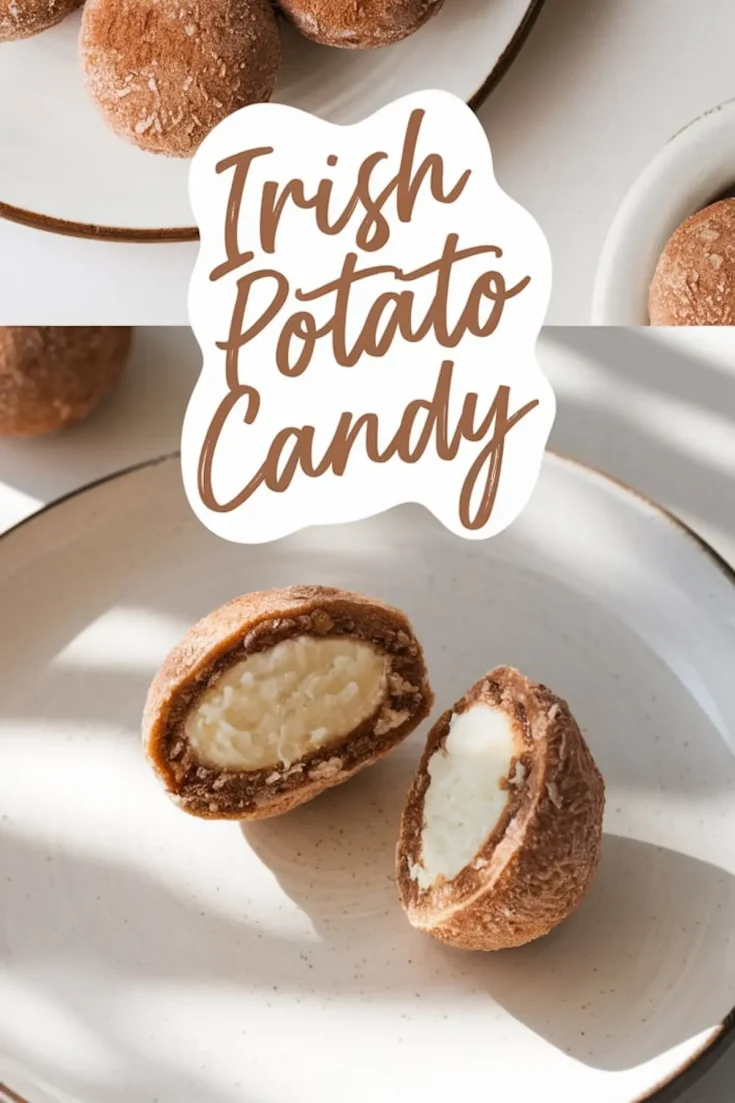 A collage image of Irish potato candy, with whole cinnamon-dusted candies on a plate in the top half and a close-up of a cut candy on a plate in the bottom half. The creamy white filling contrasts with the brown, textured coating. The words “Irish Potato Candy” are prominently displayed in stylish script.