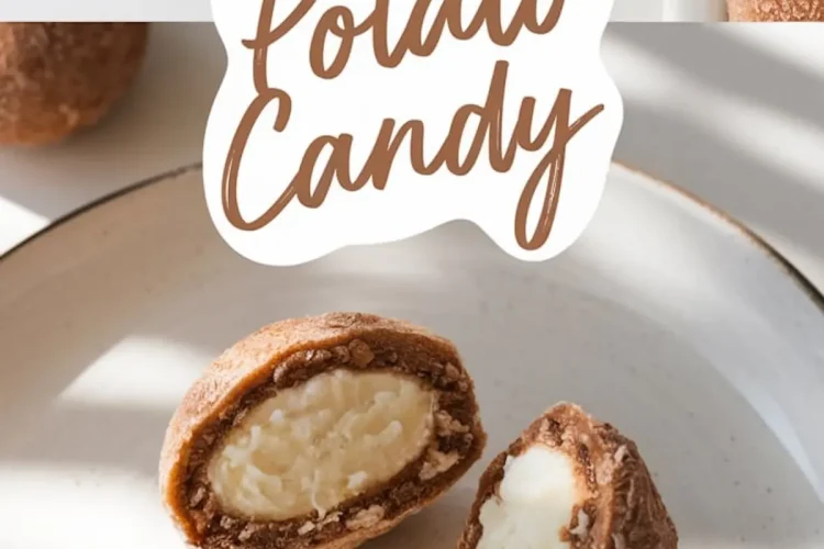 A collage image of Irish potato candy, with whole cinnamon-dusted candies on a plate in the top half and a close-up of a cut candy on a plate in the bottom half. The creamy white filling contrasts with the brown, textured coating. The words “Irish Potato Candy” are prominently displayed in stylish script.