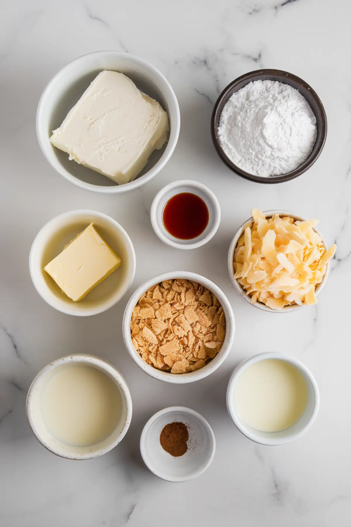 A flat lay of ingredients for Irish potato candy, arranged in small bowls on a white marble surface. The ingredients include cream cheese, butter, powdered sugar, vanilla extract, toasted coconut flakes, crushed cereal, condensed milk, and cinnamon. The neatly arranged bowls highlight each component needed for the recipe.