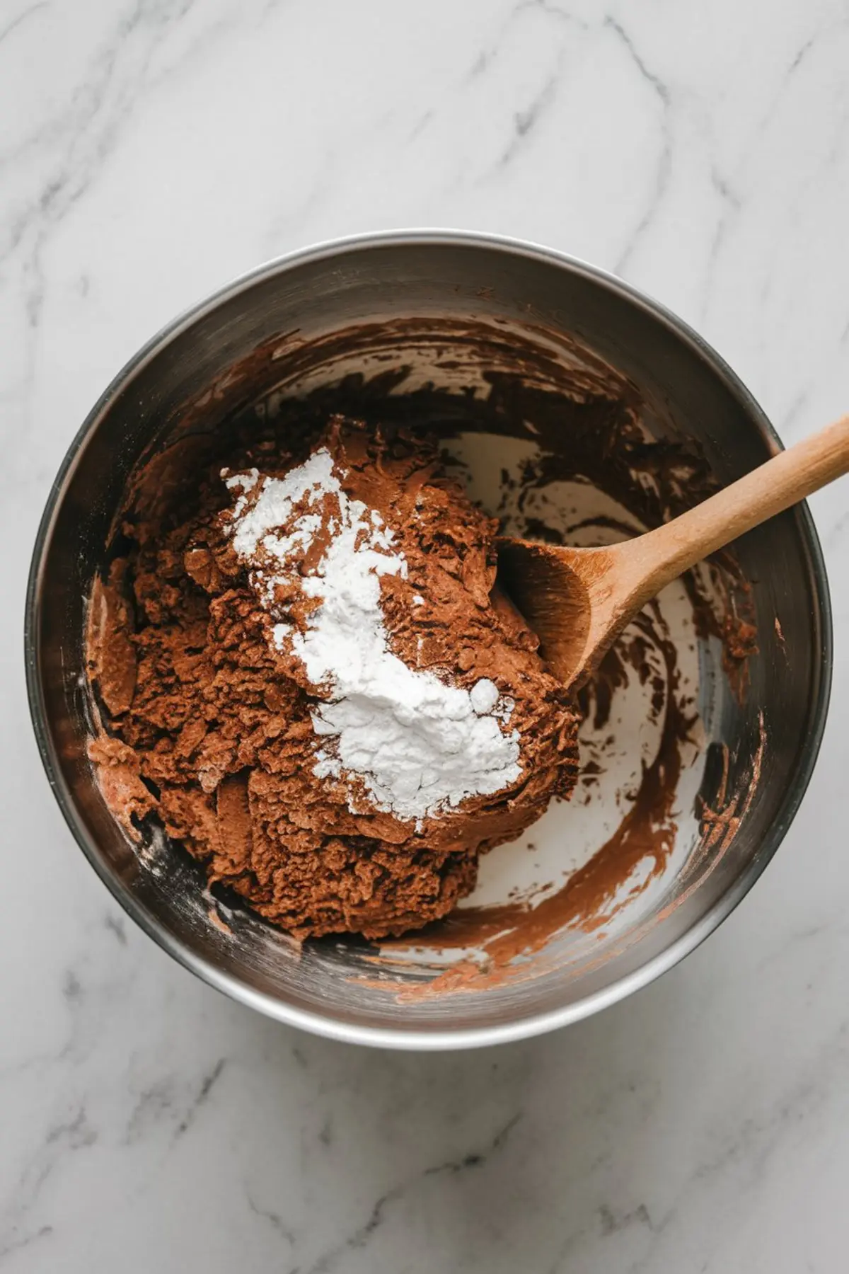 A metal mixing bowl containing a thick chocolate mixture with powdered sugar on top, being stirred with a wooden spoon. The dark brown dough has a slightly crumbly texture, and the bowl sits on a white marble surface.