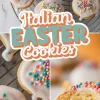 A collage of Italian Easter cookies with white icing and colorful nonpareil sprinkles resting on a round wire rack. A close-up shot highlights the soft, fluffy interior of a cookie with a bite taken out. The text overlay reads “Italian Easter Cookies” in a mix of teal and orange.