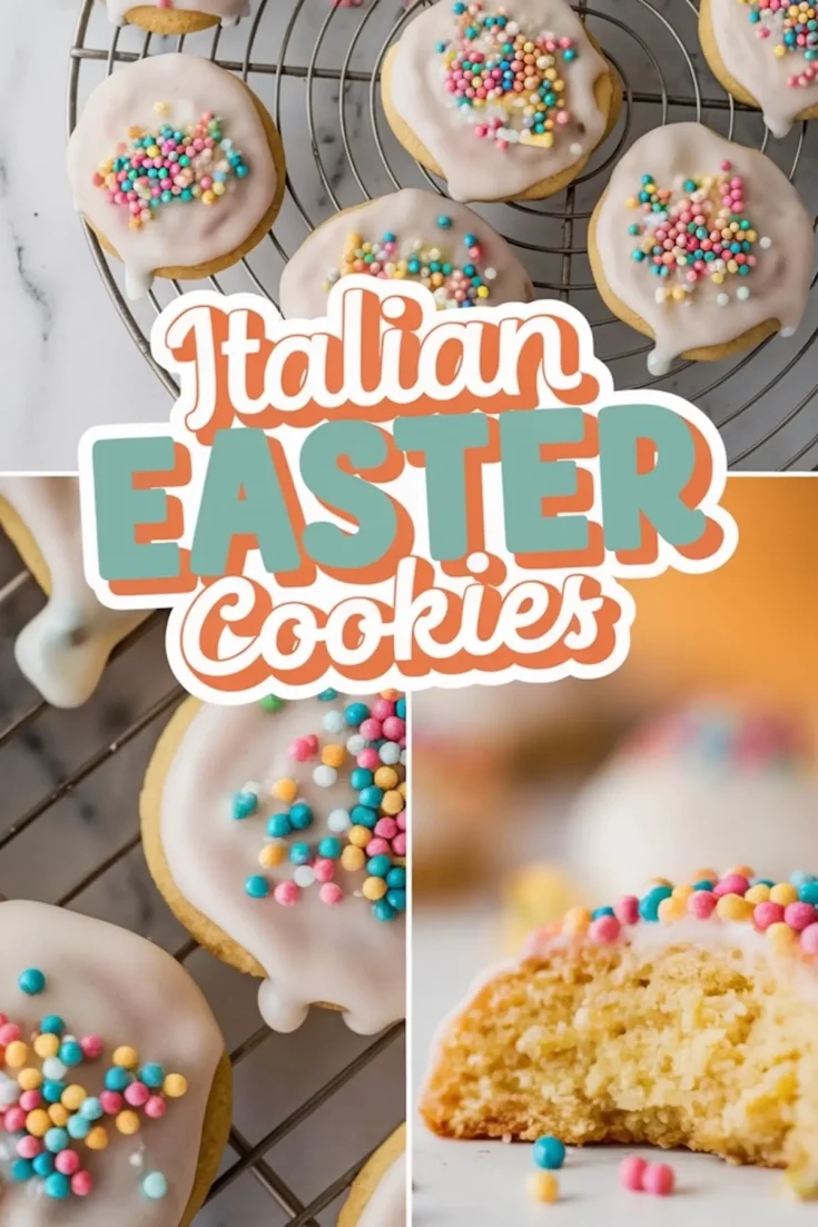 A collage of Italian Easter cookies with white icing and colorful nonpareil sprinkles resting on a round wire rack. A close-up shot highlights the soft, fluffy interior of a cookie with a bite taken out. The text overlay reads “Italian Easter Cookies” in a mix of teal and orange.