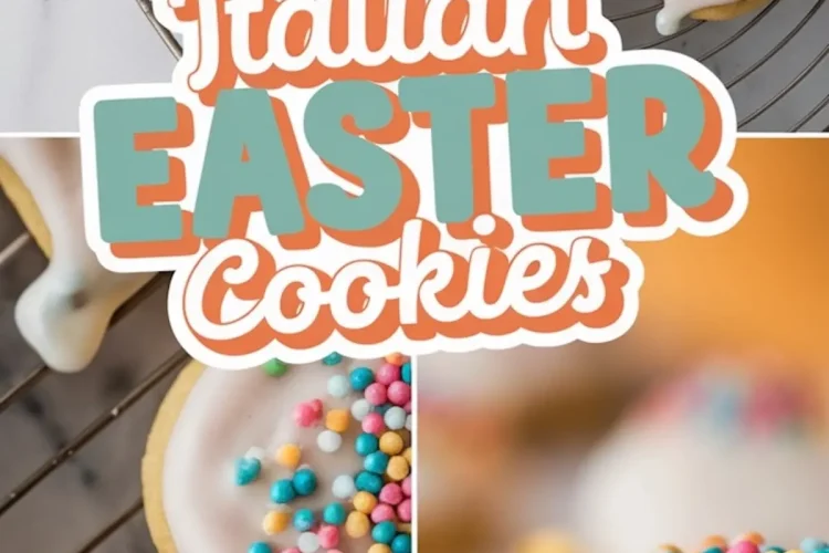 A collage of Italian Easter cookies with white icing and colorful nonpareil sprinkles resting on a round wire rack. A close-up shot highlights the soft, fluffy interior of a cookie with a bite taken out. The text overlay reads “Italian Easter Cookies” in a mix of teal and orange.
