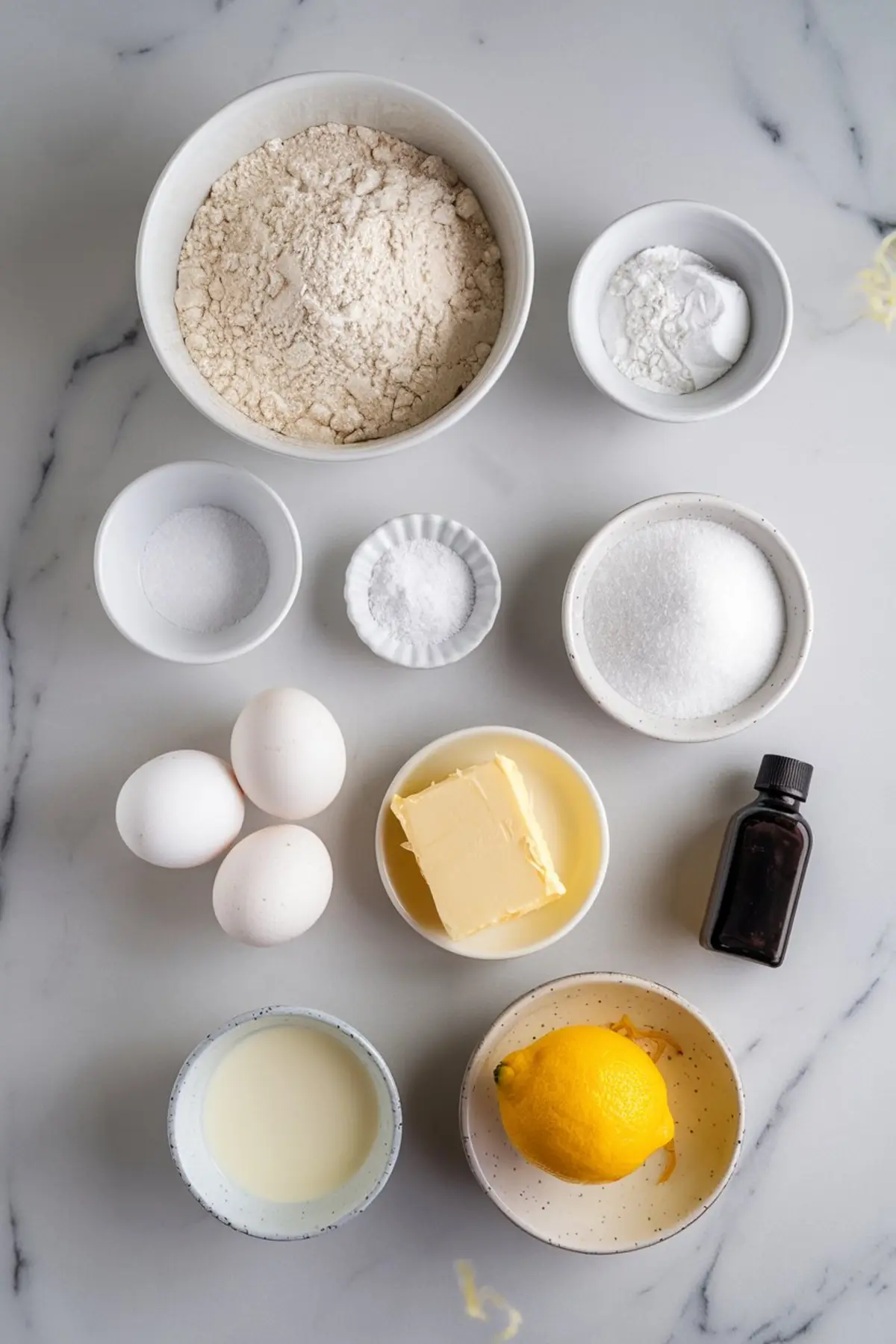 A flat lay of baking ingredients for Italian Easter cookies on a marble countertop, including flour, sugar, baking powder, salt, butter, eggs, milk, vanilla extract, and a fresh lemon.