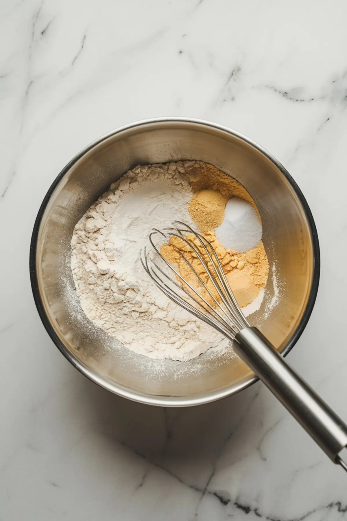 A stainless steel mixing bowl with dry ingredients for Italian Easter cookies, including flour, sugar, baking powder, and what appears to be lemon zest, with a metal whisk resting inside.