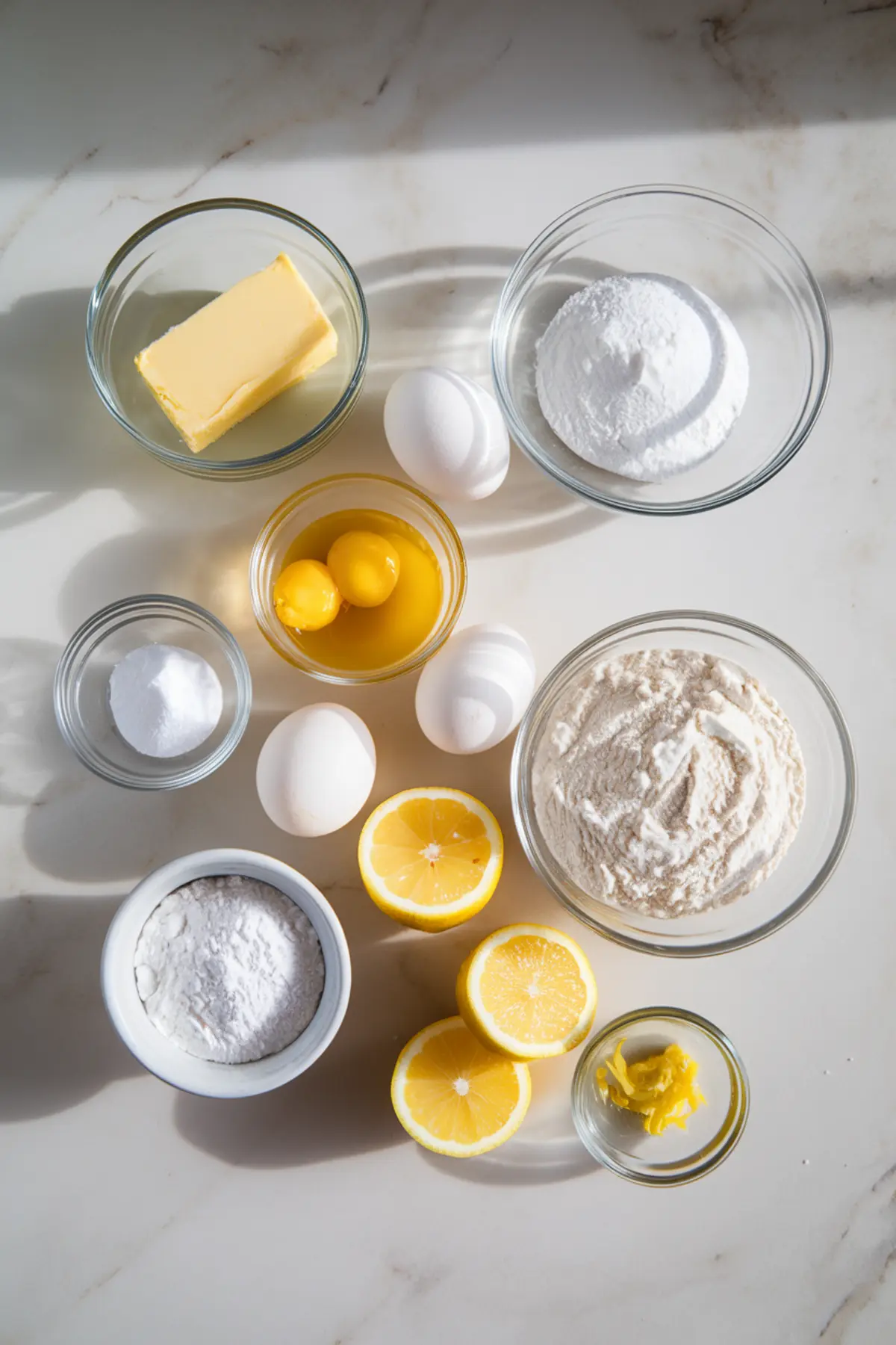 Overhead view of lemon brownie ingredients on a marble countertop, including butter, eggs, flour, powdered sugar, baking powder, fresh lemons, and lemon zest in glass bowls. Sunlight casts soft shadows, enhancing the fresh and vibrant setup.