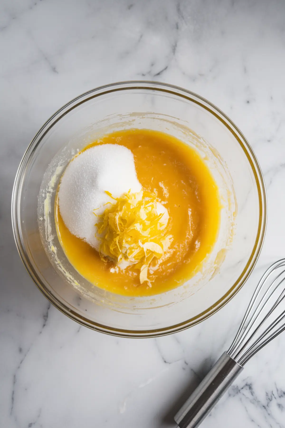 Mixing bowl containing lemon curd, granulated sugar, and freshly grated lemon zest. A metal whisk rests nearby on a marble surface, ready for blending the citrusy mixture.