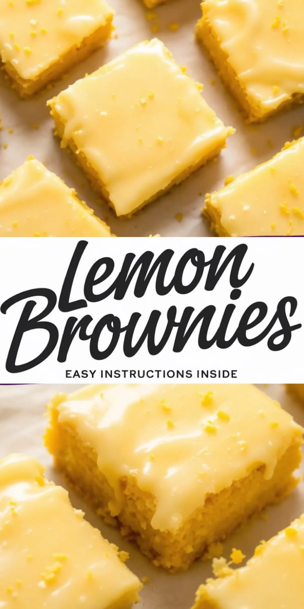 Close-up of glazed lemon brownies cut into squares on parchment paper. The glossy lemon icing is sprinkled with lemon zest, highlighting the vibrant yellow color.
