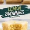 Lemon brownies topped with lemon icing and zest. The text overlay reads “Lemon Brownies” with bold, colorful lettering, creating an eye-catching design.