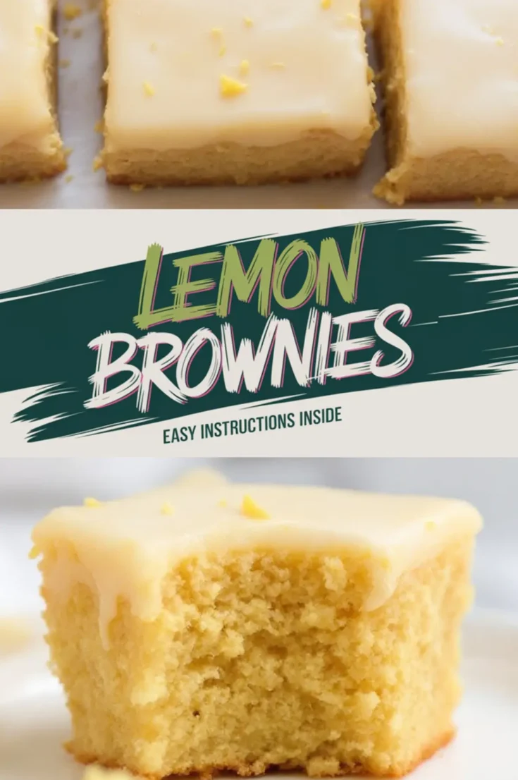Lemon brownies topped with lemon icing and zest. The text overlay reads “Lemon Brownies” with bold, colorful lettering, creating an eye-catching design.