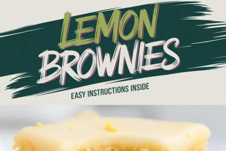 Lemon brownies topped with lemon icing and zest. The text overlay reads “Lemon Brownies” with bold, colorful lettering, creating an eye-catching design.