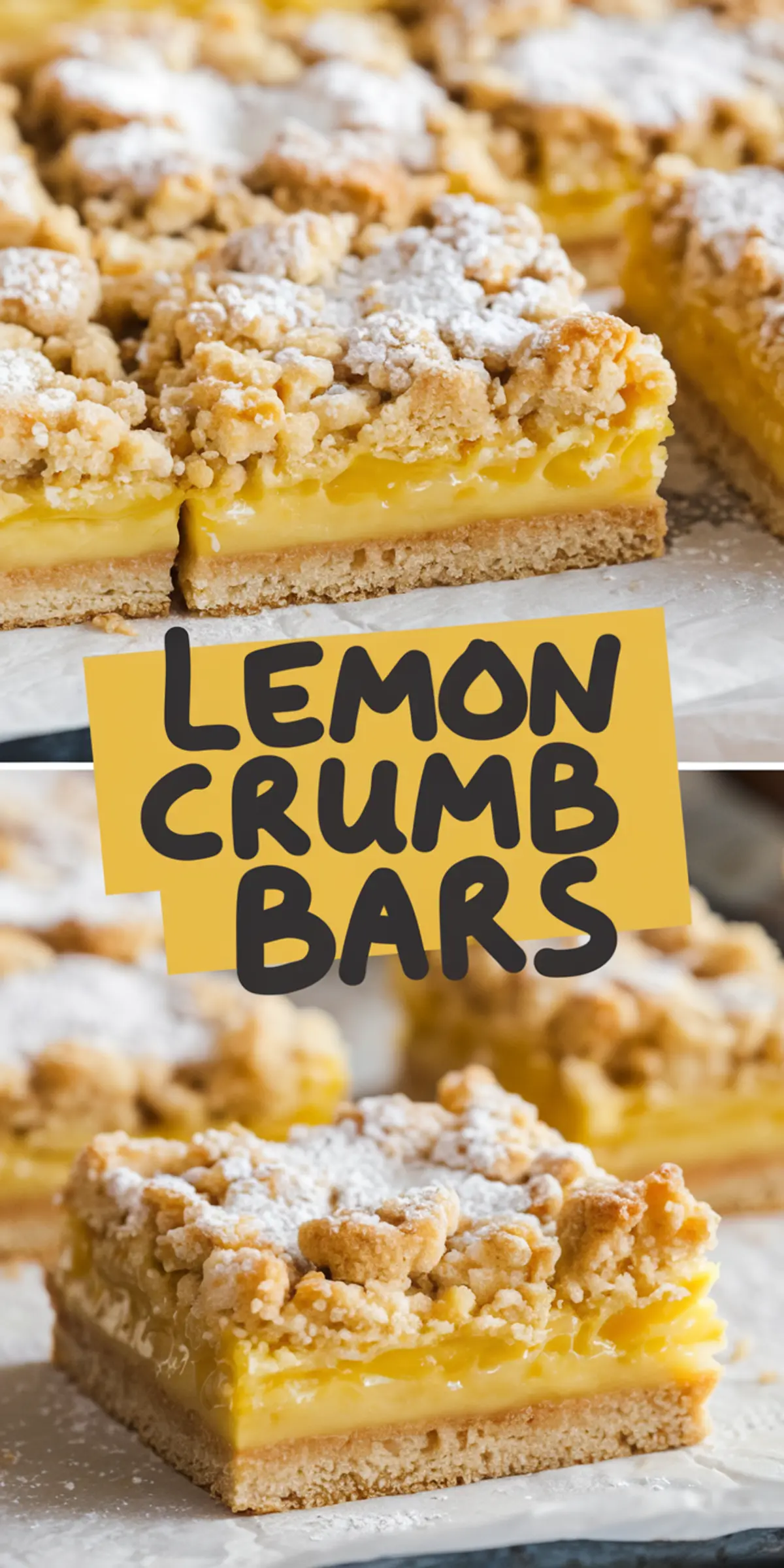A close-up of lemon crumb bars with a golden crumble topping and a dusting of powdered sugar. The bars have a vibrant yellow lemon filling and a sturdy shortbread crust, cut into neat squares and arranged on parchment paper. A bold text overlay reads “LEMON CRUMB BARS.”