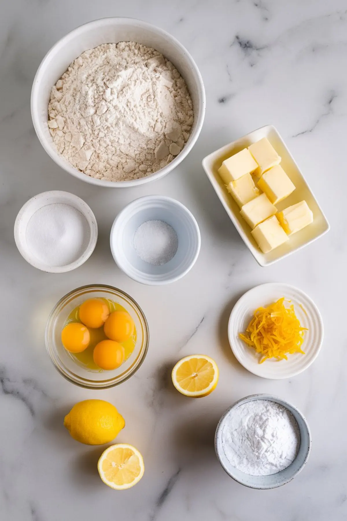 A flat lay of lemon crumb bar ingredients on a marble surface. Ingredients include a bowl of flour, cubed butter, granulated sugar, salt, egg yolks, fresh lemons, lemon zest, and powdered sugar, all arranged neatly in individual bowls and plates.