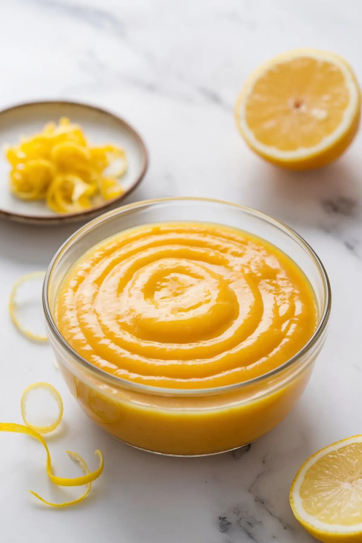 A glass bowl of glossy, freshly made lemon curd with a swirled texture. Around it, lemon zest curls and halved lemons rest on a marble countertop, emphasizing the fresh citrus ingredients.