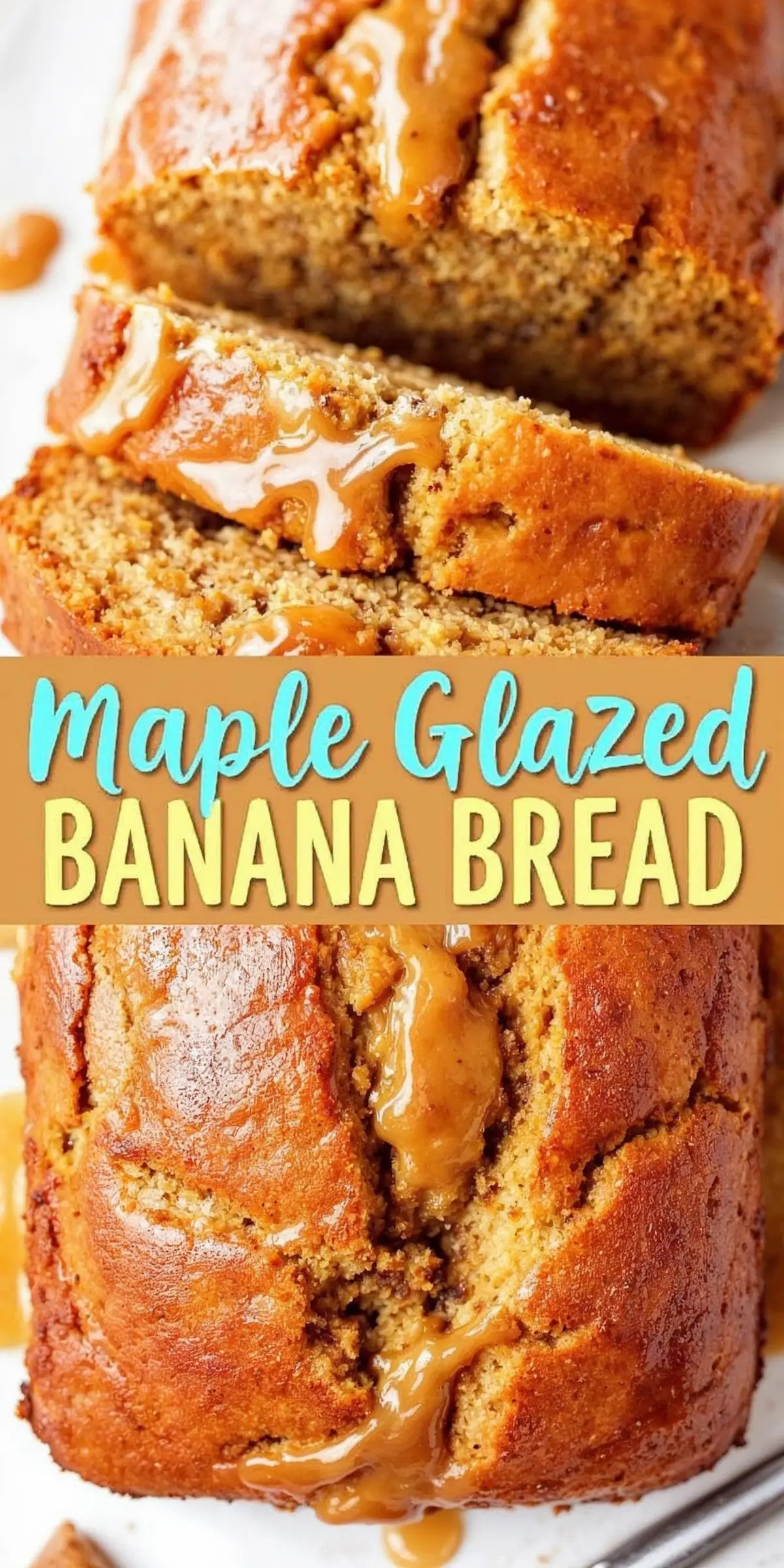 Freshly baked banana bread on a cooling rack, drizzled with maple glaze. A saucepan with extra glaze, a spoon, and a small dish of sauce sit nearby.