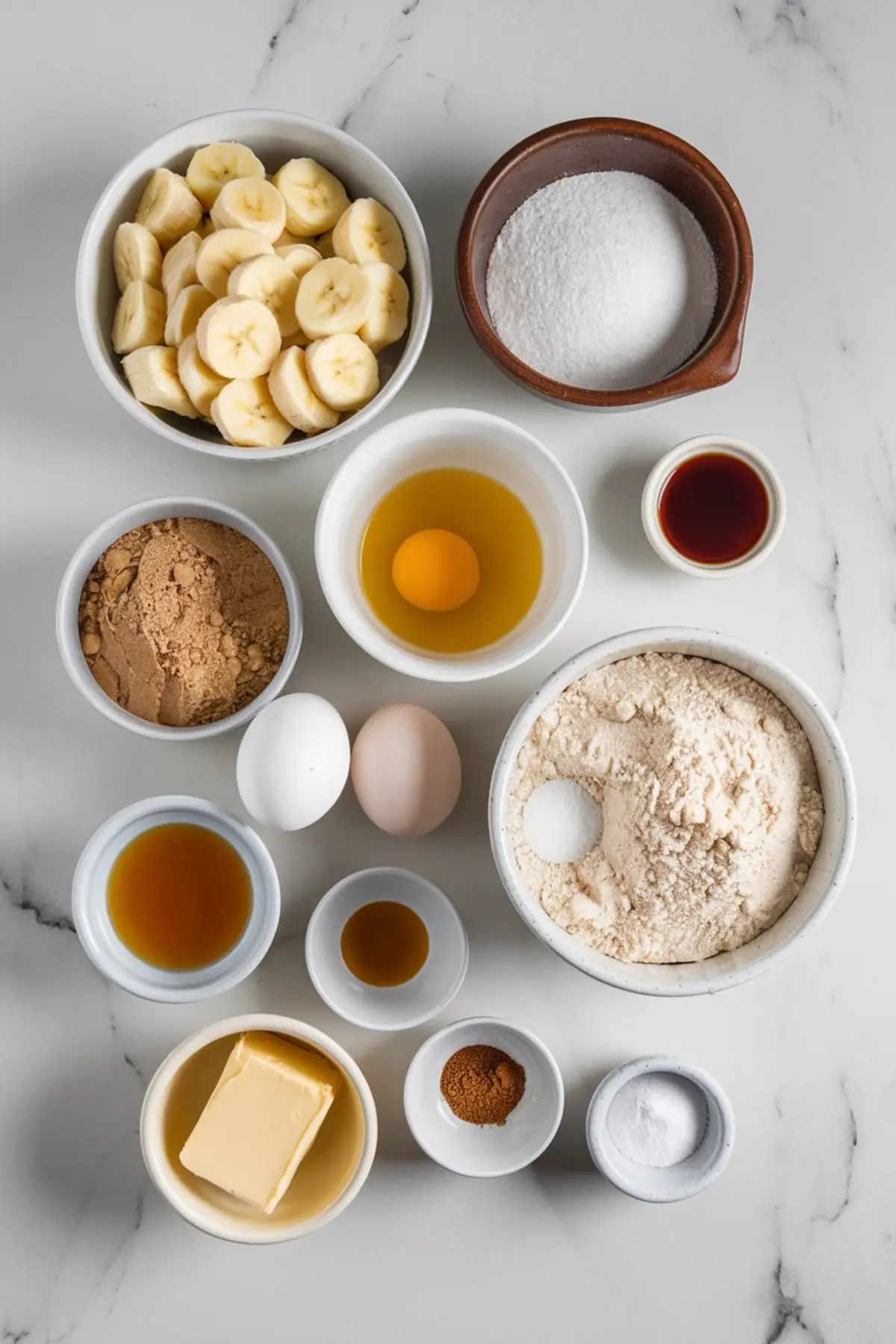 Overhead shot of banana bread ingredients arranged in small bowls on a marble countertop. Includes sliced bananas, flour, sugar, eggs, vanilla extract, butter, cinnamon, and baking soda.