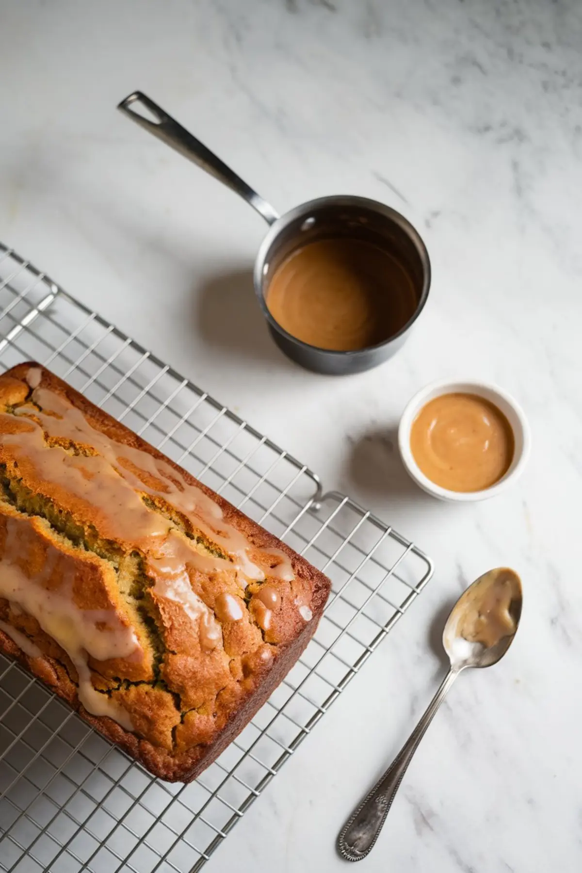 Freshly baked banana bread on a cooling rack, drizzled with maple glaze. A saucepan with extra glaze, a spoon, and a small dish of sauce sit nearby.