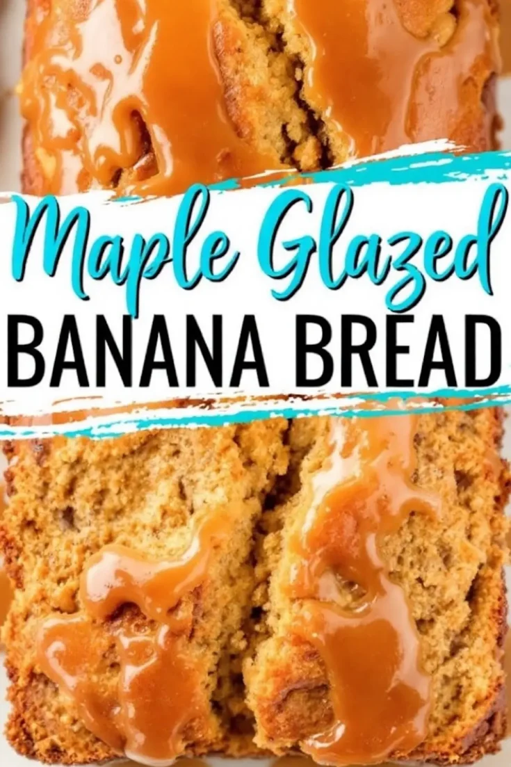 nother maple-glazed banana bread collage, featuring a split loaf with a rich caramel drizzle. Bright blue and black text overlays the image.