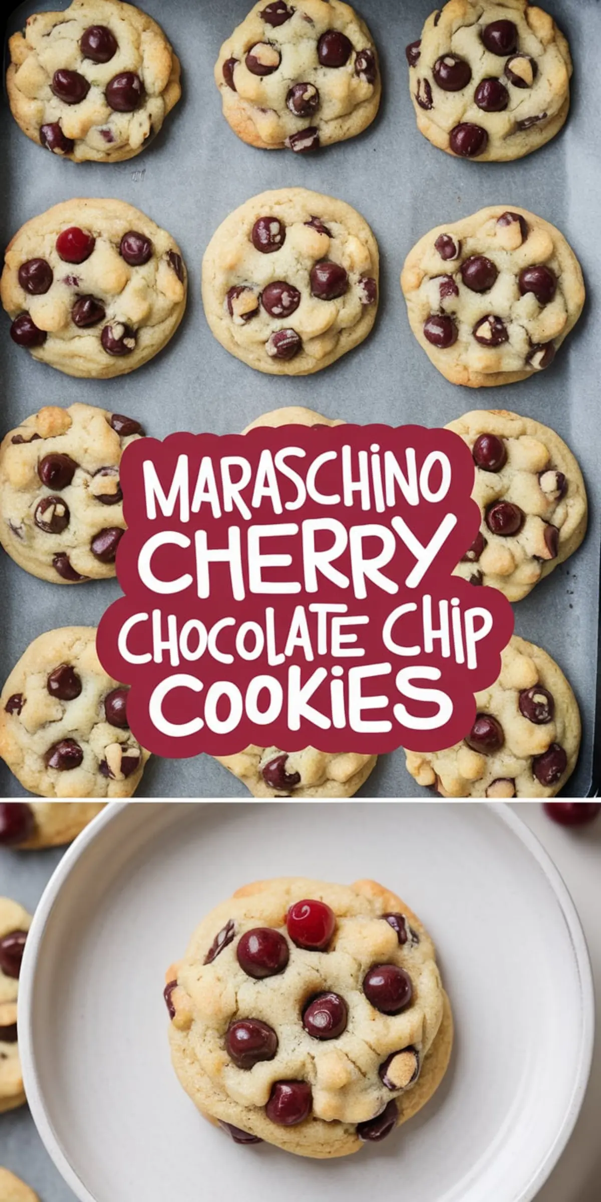 A collage of two images displaying freshly baked maraschino cherry chocolate chip cookies. The top image shows cookies arranged on a parchment-lined baking sheet, while the bottom focuses on a single cookie on a white plate. A bold text overlay reads “MARASCHINO CHERRY CHOCOLATE CHIP COOKIES.”