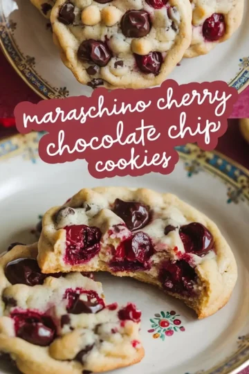 A close-up of freshly baked maraschino cherry chocolate chip cookies on a decorative plate. One cookie has a bite taken out, showing the gooey chocolate and juicy cherries inside. A text overlay in cursive font reads “maraschino cherry chocolate chip cookies.”