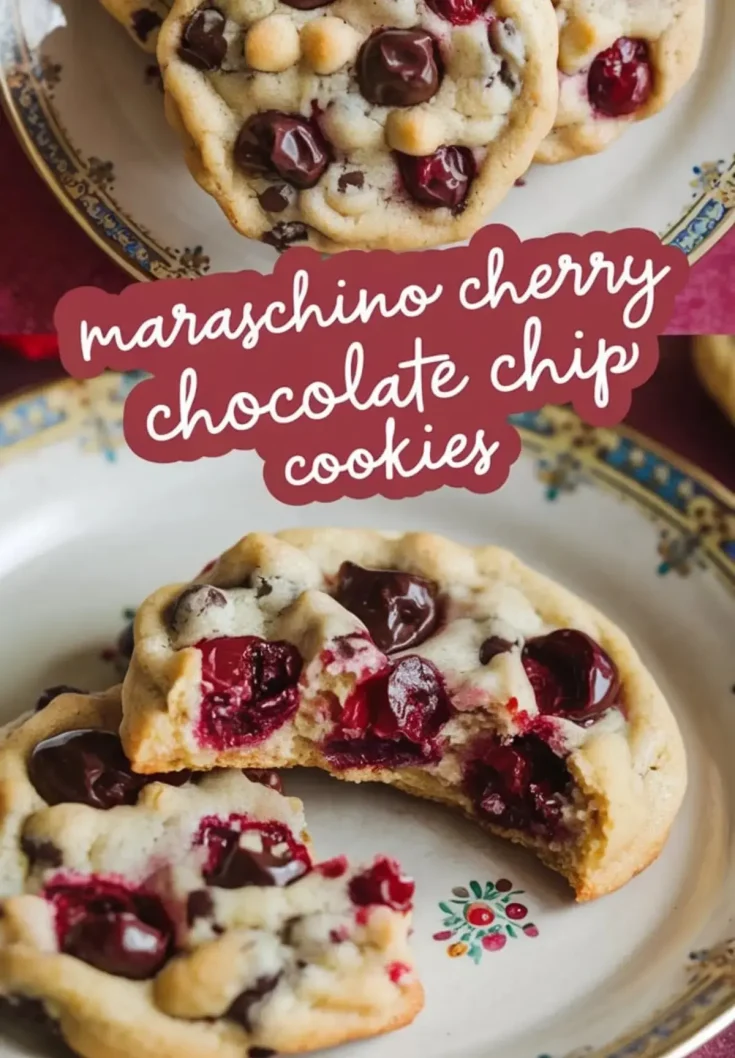 A close-up of freshly baked maraschino cherry chocolate chip cookies on a decorative plate. One cookie has a bite taken out, showing the gooey chocolate and juicy cherries inside. A text overlay in cursive font reads “maraschino cherry chocolate chip cookies.”