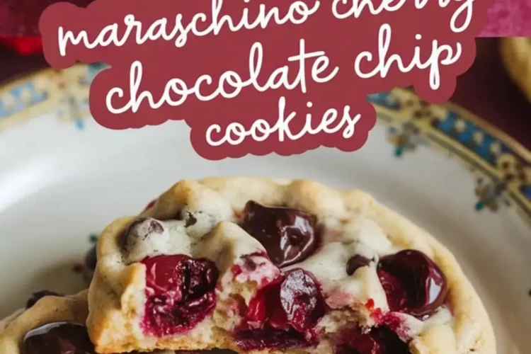 A close-up of freshly baked maraschino cherry chocolate chip cookies on a decorative plate. One cookie has a bite taken out, showing the gooey chocolate and juicy cherries inside. A text overlay in cursive font reads “maraschino cherry chocolate chip cookies.”