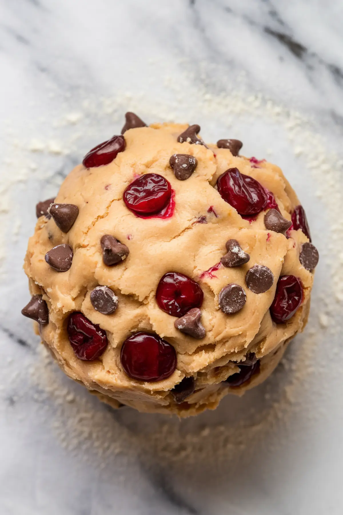 A single ball of cookie dough sits on a floured marble surface. The dough is studded with chocolate chips and glossy maraschino cherries, which are slightly pressed into the soft dough.