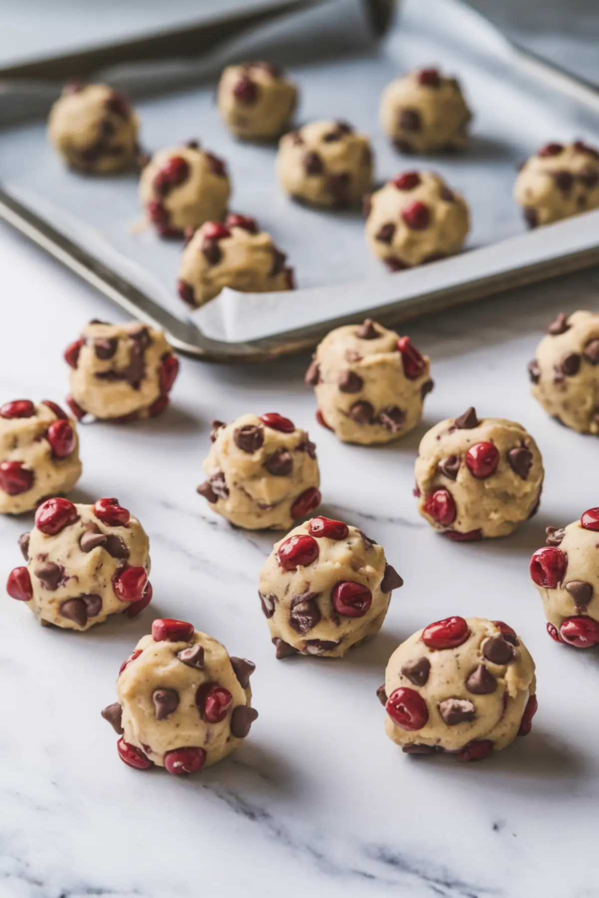 Balls of raw cookie dough with chocolate chips and maraschino cherries are scattered on a marble countertop, with some placed on a parchment-lined baking sheet in the background. The dough is soft and speckled with red cherries and dark chocolate chips.