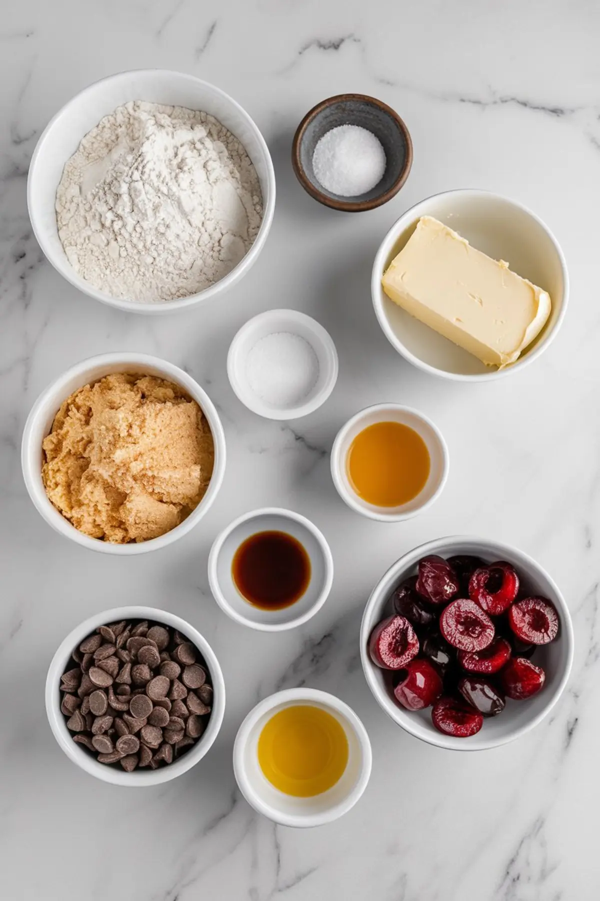 A flat-lay of individual baking ingredients in white bowls on a marble countertop. The ingredients include flour, brown sugar, granulated sugar, vanilla extract, butter, maraschino cherries, chocolate chips, and other liquid ingredients.