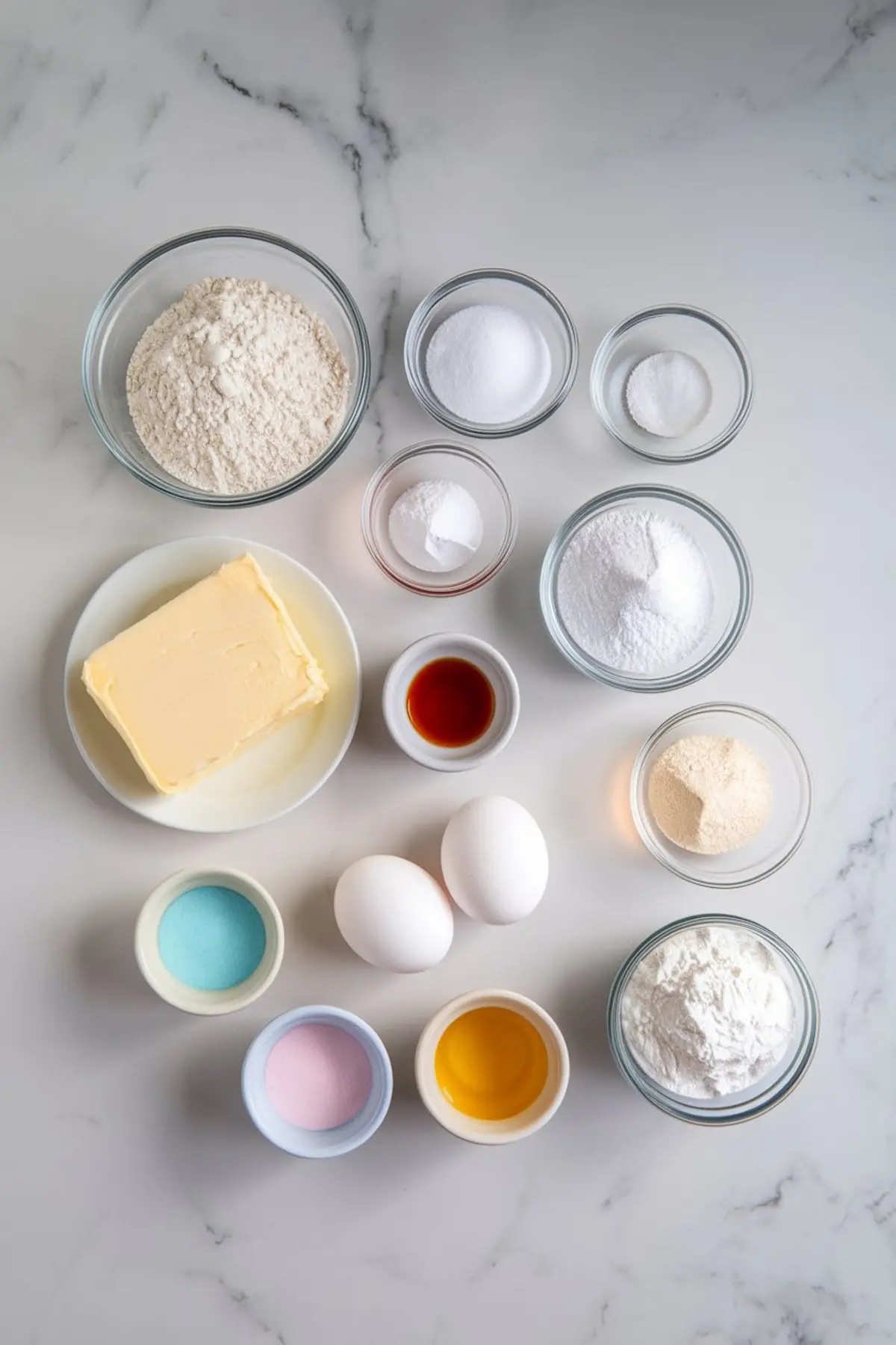 A flat-lay of baking ingredients for sugar cookies, arranged in small glass bowls on a marble surface. Ingredients include flour, sugar, baking powder, eggs, butter, vanilla extract, and food coloring in pink, blue, and yellow.