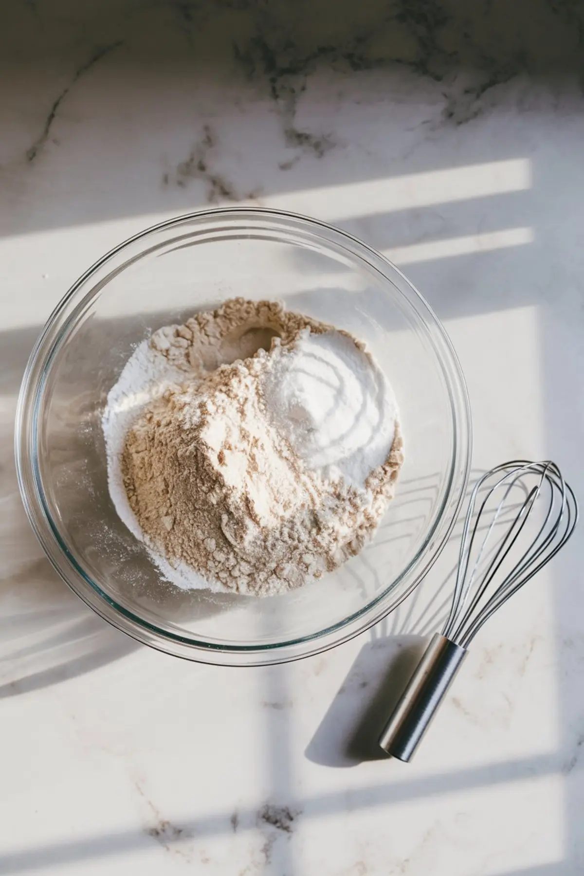A glass mixing bowl filled with dry baking ingredients, including flour, sugar, and baking powder, on a marble countertop. A stainless steel whisk rests beside the bowl.
