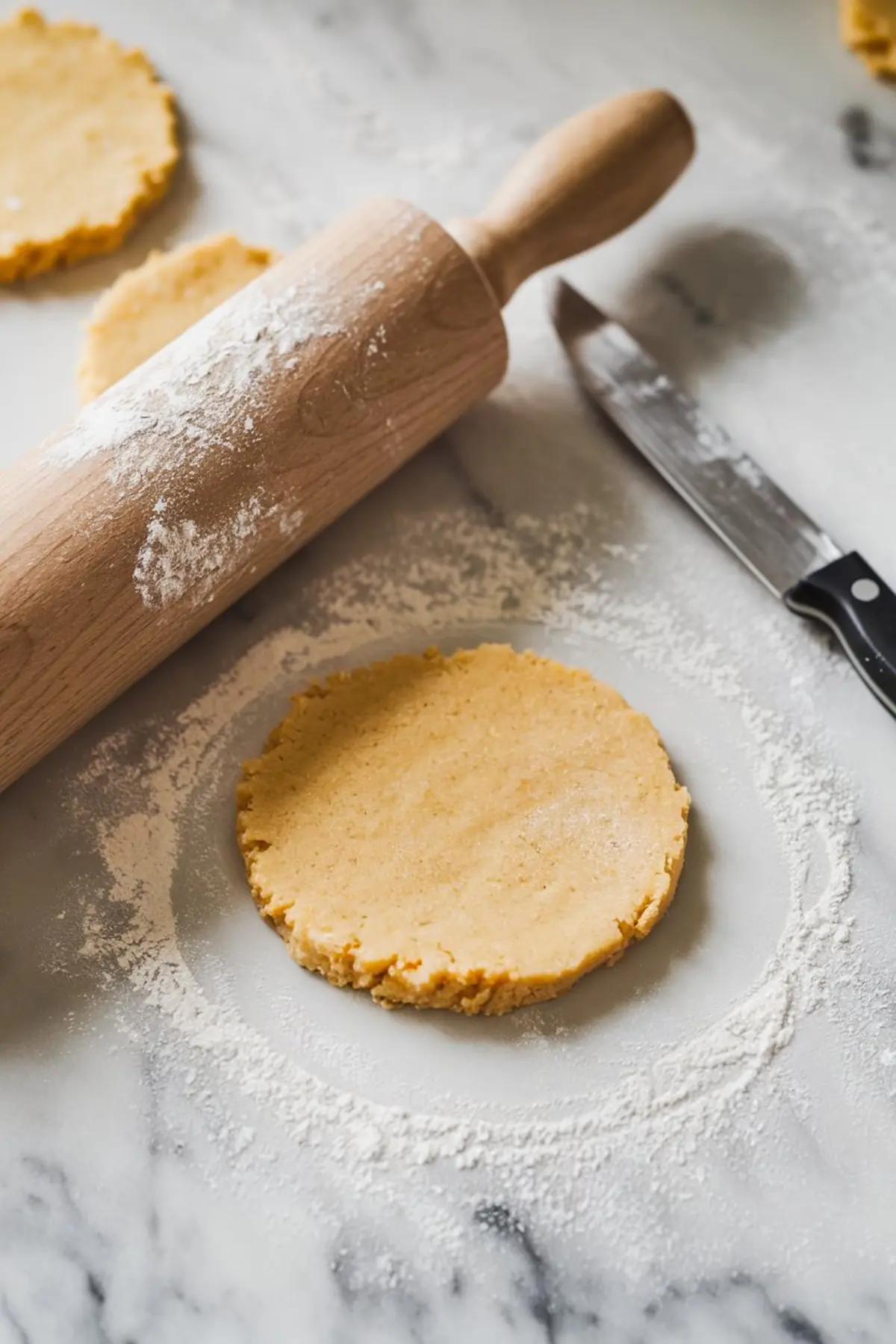 A round disc of cookie dough on a floured surface, with a wooden rolling pin and a sharp knife nearby. The dough is smooth and lightly golden, ready for rolling and cutting.