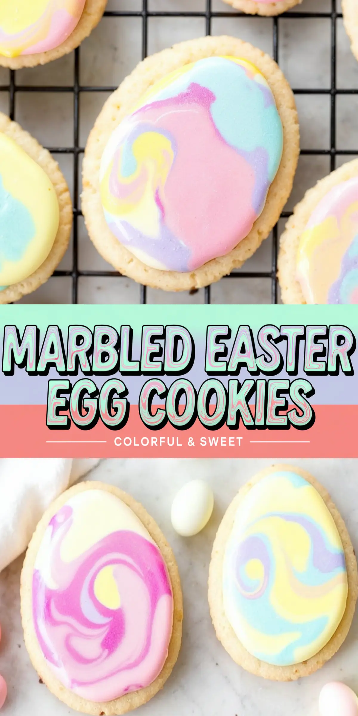 Close-up of marbled Easter egg cookies with pastel icing in swirls of pink, blue, yellow, and purple. The cookies are on a cooling rack and a marble surface. A text overlay reads “Marbled Easter Egg Cookies – Colorful & Sweet.”