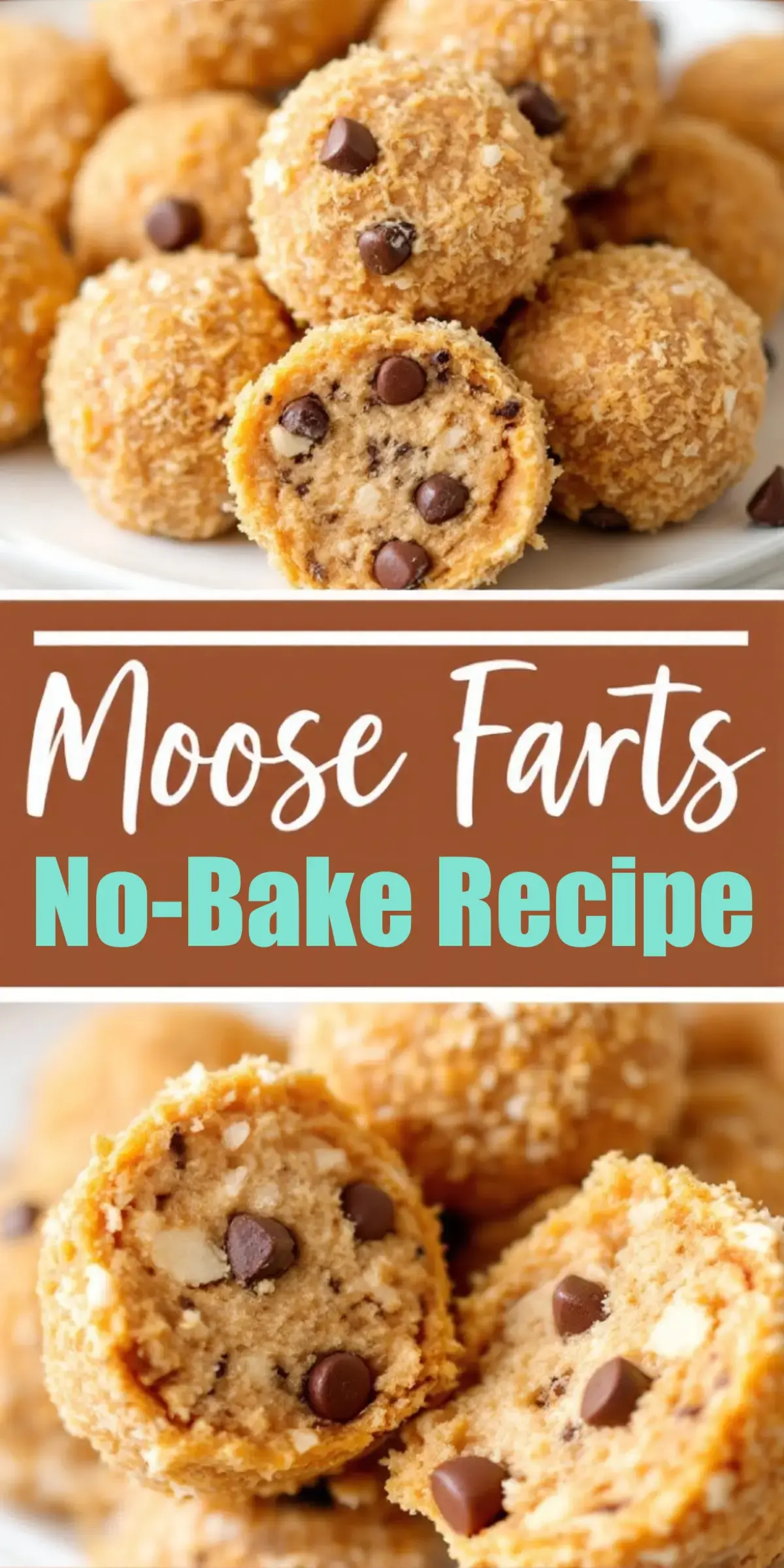 A plate of golden-brown Moose Farts, with a cut-open piece revealing a chewy interior filled with chocolate chips and crushed nuts. A brown banner with white and teal text labels it as a no-bake recipe.