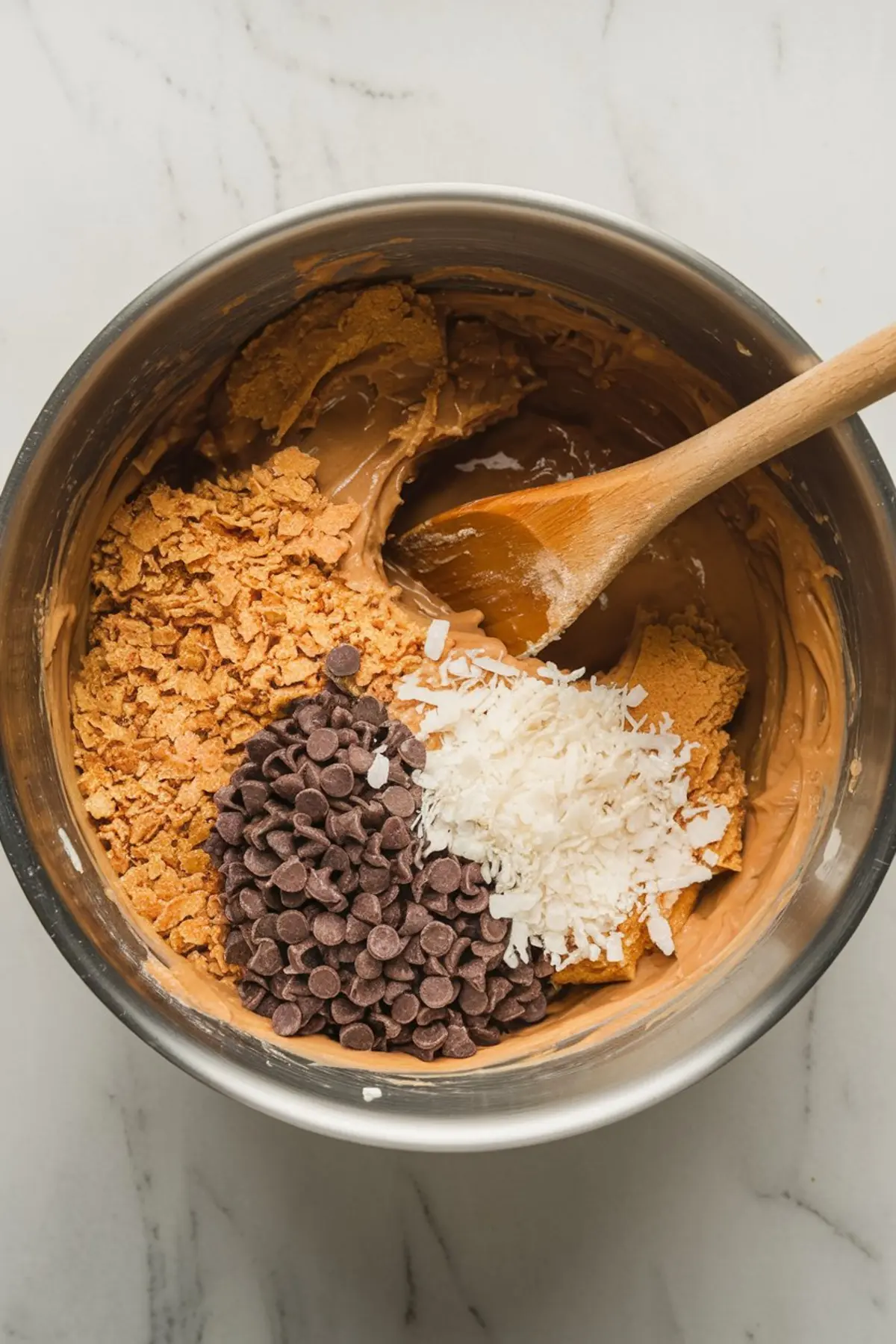 A stainless steel mixing bowl with melted peanut butter, crushed graham crackers, shredded coconut, and chocolate chips, partially mixed with a wooden spoon.