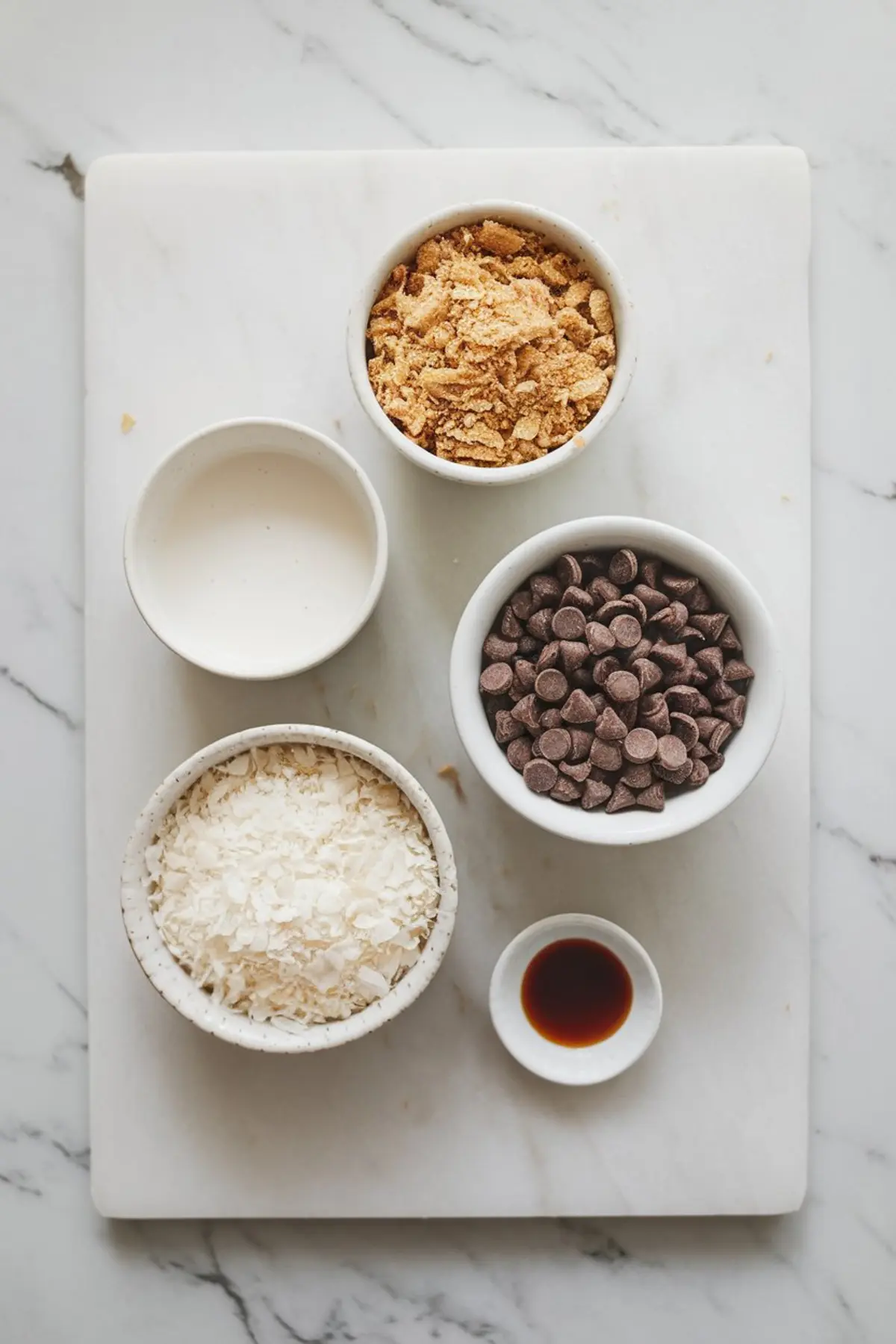 Overhead shot of dessert ingredients on a white marble surface. Small bowls contain crushed graham crackers, shredded coconut, chocolate chips, heavy cream, and vanilla extract.