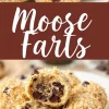 Close-up of no-bake dessert balls called Moose Farts, coated in shredded coconut and studded with chocolate chips. One ball is cut in half, showing a soft interior with melted chocolate chips. The background has a brown banner with the dessert’s name in white cursive lettering.