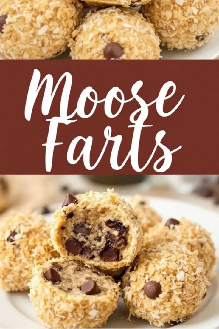 Close-up of no-bake dessert balls called Moose Farts, coated in shredded coconut and studded with chocolate chips. One ball is cut in half, showing a soft interior with melted chocolate chips. The background has a brown banner with the dessert’s name in white cursive lettering.