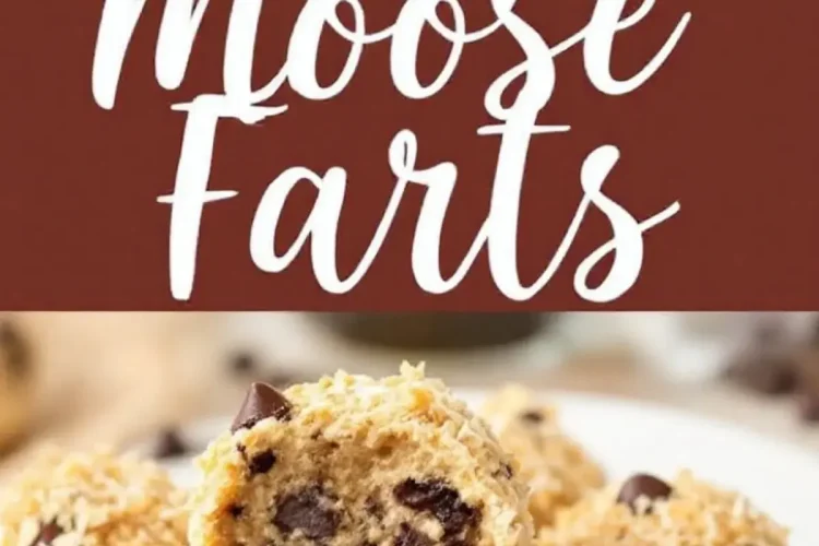 Close-up of no-bake dessert balls called Moose Farts, coated in shredded coconut and studded with chocolate chips. One ball is cut in half, showing a soft interior with melted chocolate chips. The background has a brown banner with the dessert’s name in white cursive lettering.