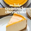 A close-up of a slice of no-bake creamsicle cheesecake on a white plate, showing the orange topping, creamy white filling, and a firm graham cracker crust. The background features a full cheesecake with a text overlay that reads “No-Bake Creamsicle Cheesecake.”