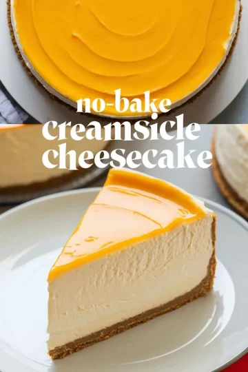 A close-up of a slice of no-bake creamsicle cheesecake on a white plate, showing the orange topping, creamy white filling, and a firm graham cracker crust. The background features a full cheesecake with a text overlay that reads “No-Bake Creamsicle Cheesecake.”