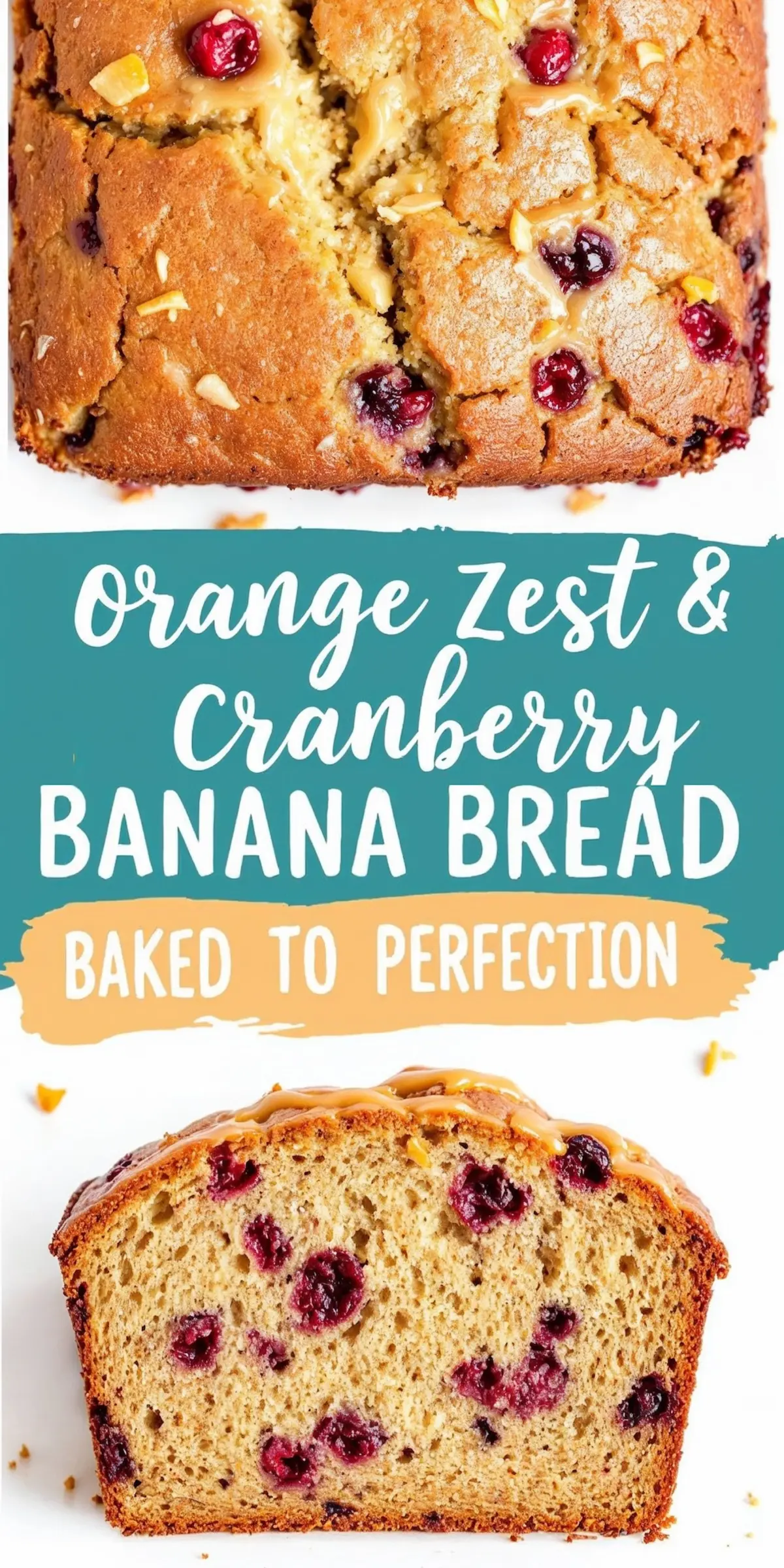 A collage featuring a golden-brown loaf of orange zest and cranberry banana bread. The top image showcases a close-up of the cracked crust with melted glaze, red cranberries, and orange zest. The bottom image displays a sliced piece, revealing a moist, speckled interior filled with cranberries. The center banner reads “Orange Zest & Cranberry Banana Bread – Baked to Perfection” in a mix of white and teal text.