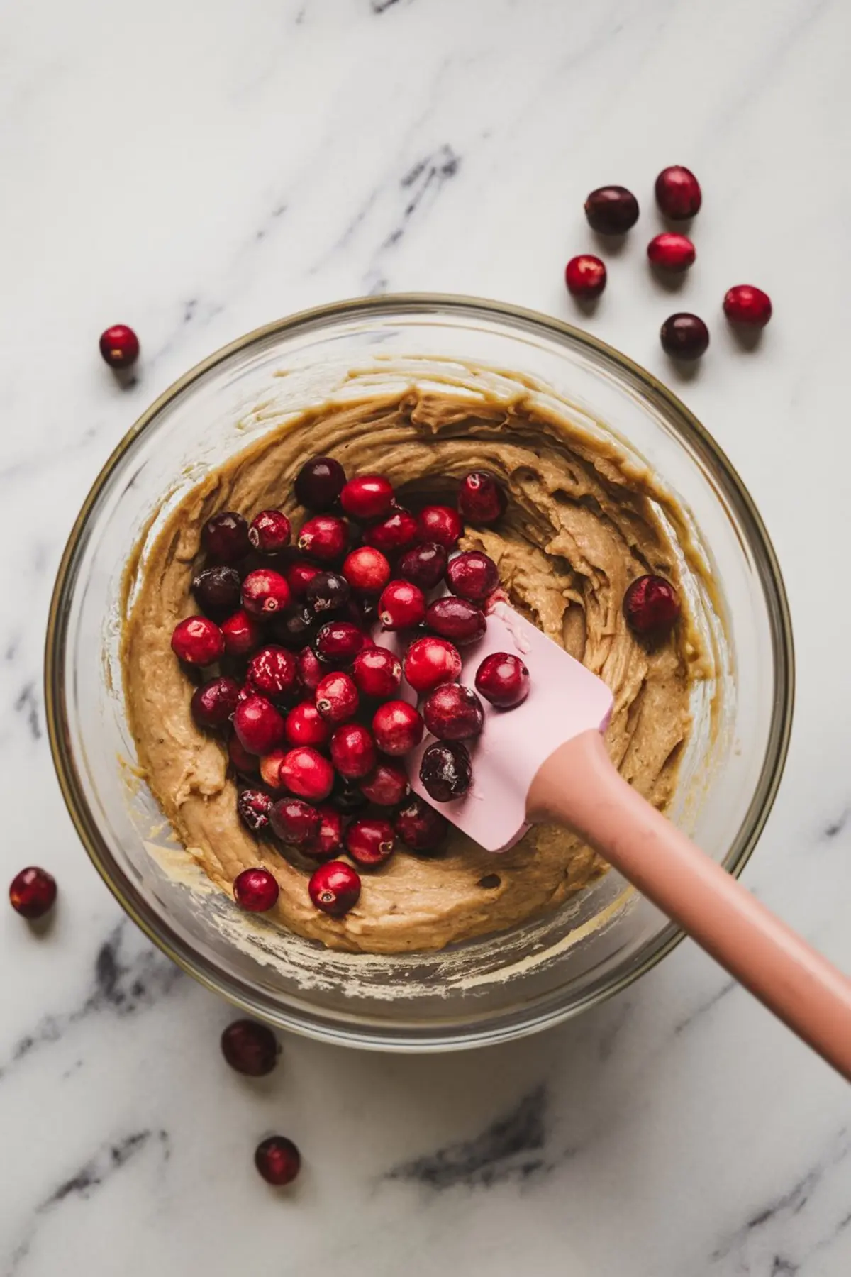 A glass mixing bowl filled with banana bread batter, with fresh cranberries being folded in using a pink spatula. The rich brown batter contrasts with the vibrant red cranberries, and a few cranberries are scattered on the white marble surface.