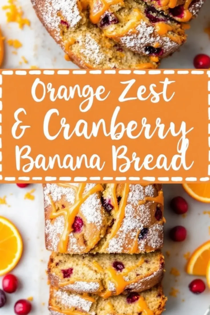 A close-up of a sliced orange zest and cranberry banana bread loaf with a golden crust, drizzled with orange glaze and dusted with powdered sugar. The interior is soft, with cranberries distributed throughout. The background includes orange slices, cranberries, and a bright orange banner with white text emphasizing the flavor combination.