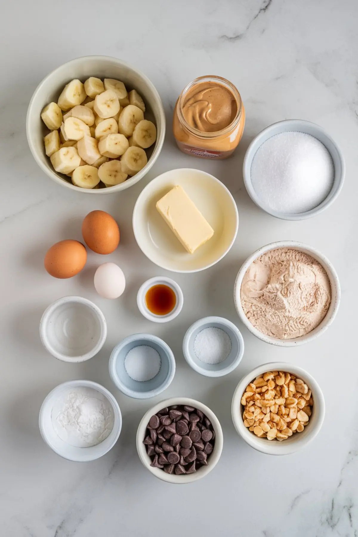 Overhead shot of peanut butter banana bread ingredients arranged in small bowls on a marble countertop. The ingredients include sliced bananas, peanut butter, sugar, flour, butter, eggs, vanilla extract, salt, baking powder, baking soda, chocolate chips, and chopped peanuts.